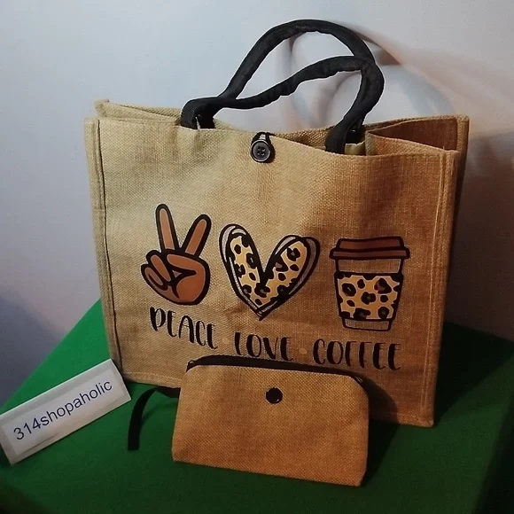 "Peace, Love, Coffee" Tote Bag With Coin Purse - Picture 2 of 6